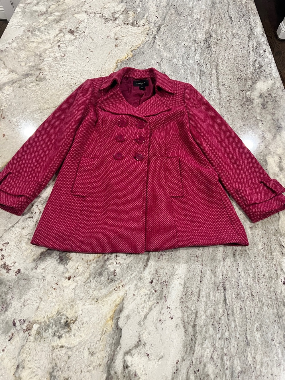 Ann Taylor Woven Double-Breasted Peacoat, Size L, Deep Berry Magenta, EUC